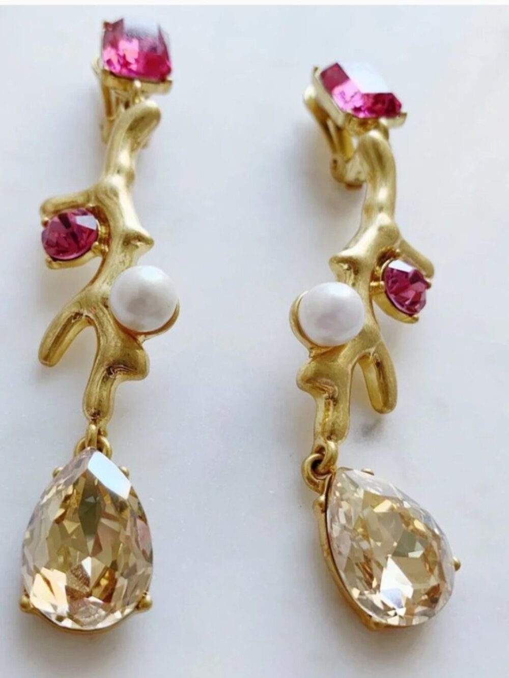 Oscar de la Renta Coral Branch Crystal Drop Earrings Pink Champagne Pearl - Picture 4 of 5